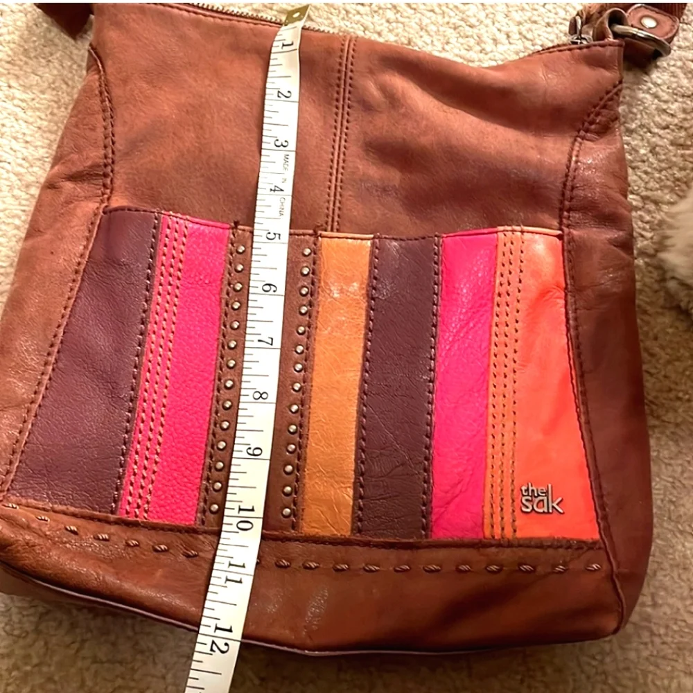 The Sak Brown Leather Crossbody with Pink, Orange, Burgundy & Tan Panels
